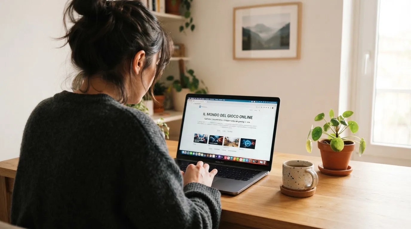 Persona davanti a un portatile che legge una pagina informativa sul gioco online in Italia — 100 giri gratis senza deposito