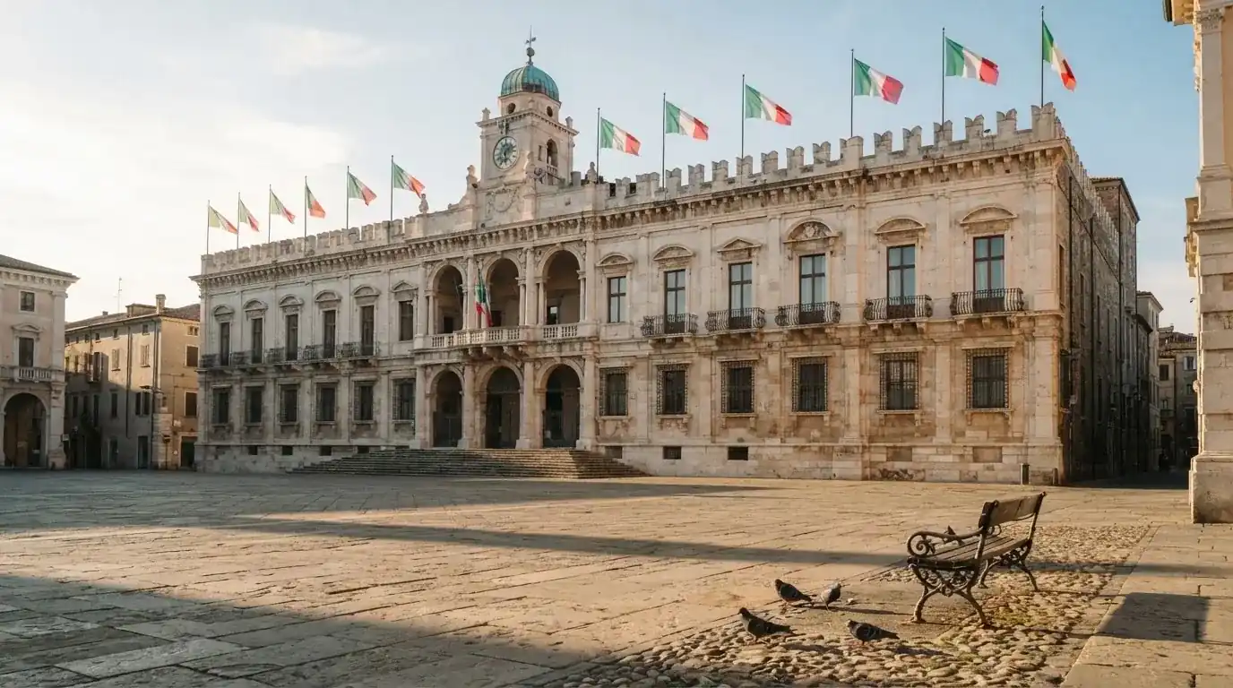 Palazzo istituzionale con bandiere al vento in una piazza soleggiata — 100 giri gratis senza deposito