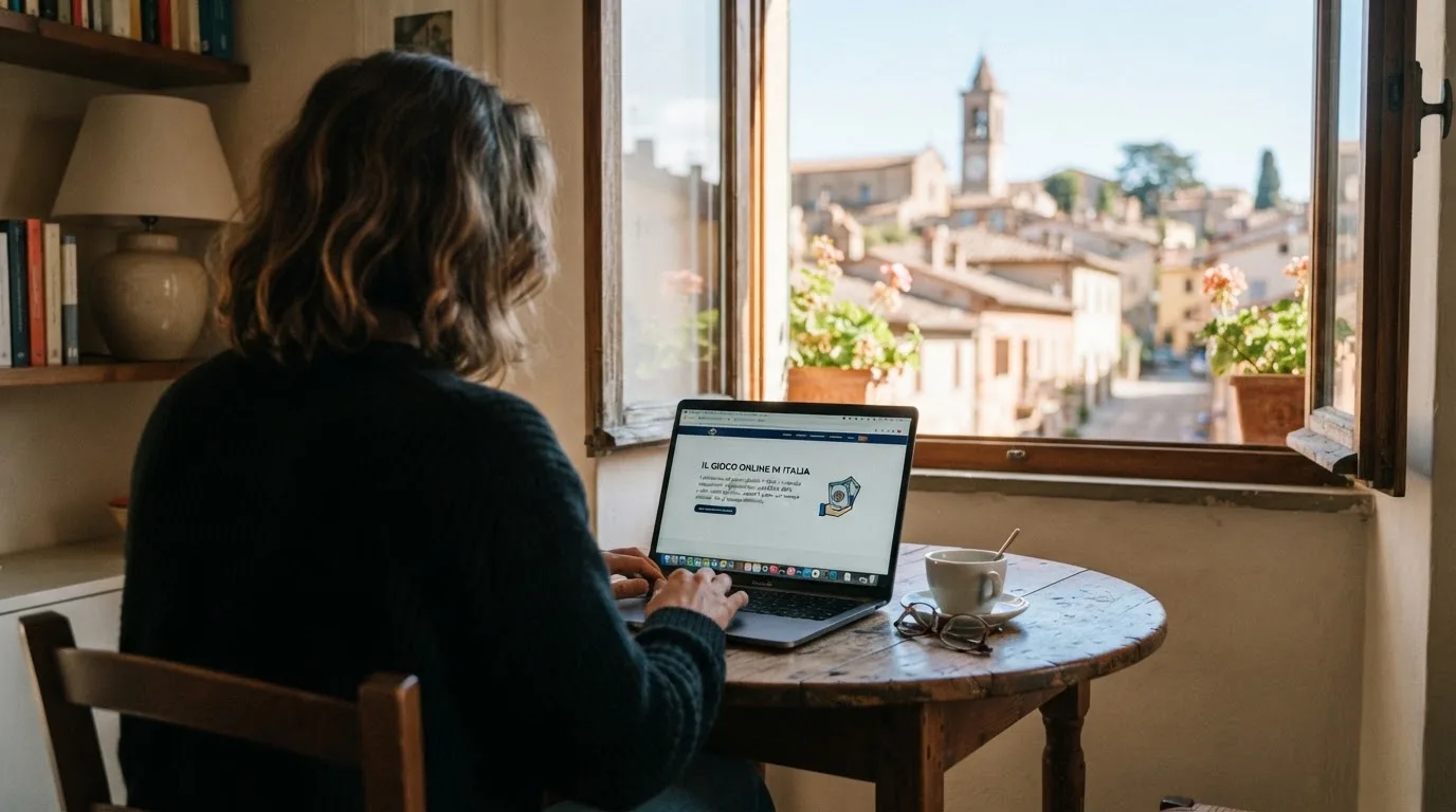 Persona davanti a un portatile che legge una pagina informativa sul gioco online in Italia — 25, 30, 50, 100, 200 giri gratis senza deposito