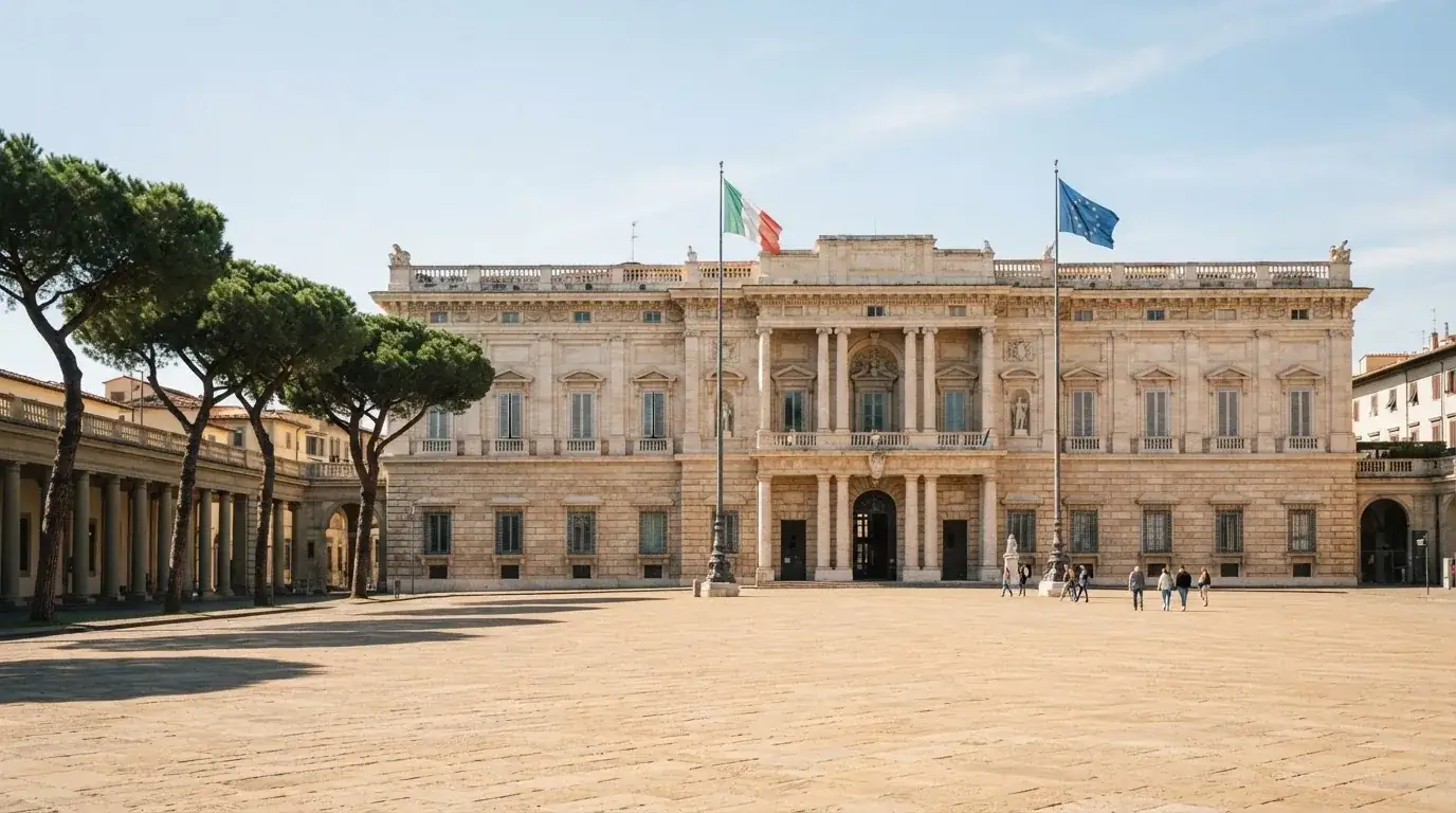 Palazzo istituzionale con bandiere al vento in una piazza soleggiata — 25, 30, 50, 100, 200 giri gratis senza deposito