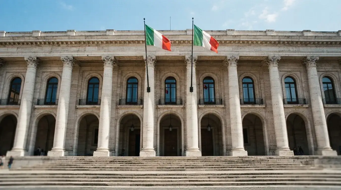 Palazzo istituzionale con bandiere al vento in una piazza soleggiata — big time gaming live casino italia