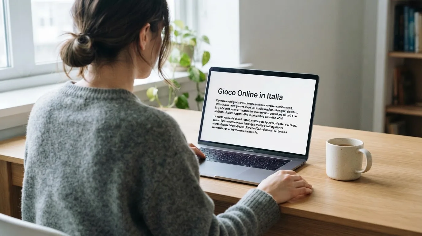 Persona davanti a un portatile che legge una pagina informativa sul gioco online in Italia — casinò che accettano bitcoin
