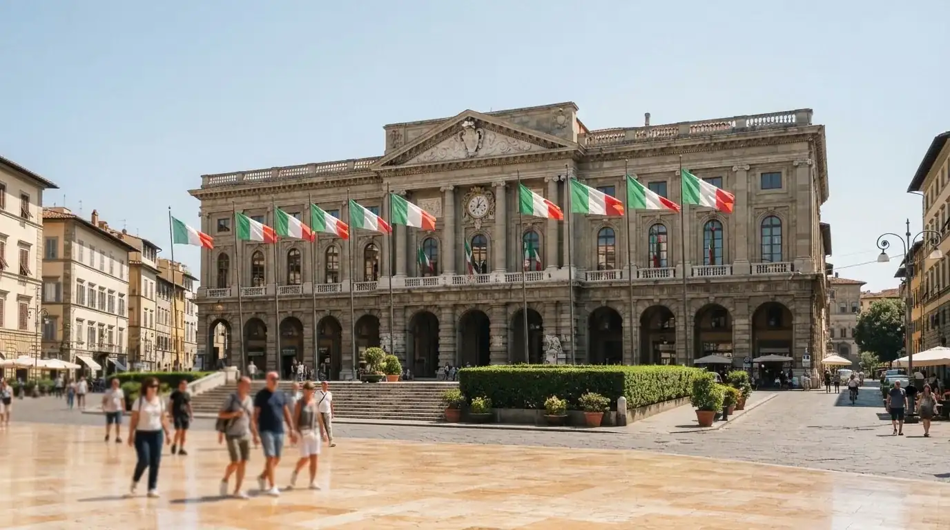 Palazzo istituzionale con bandiere al vento in una piazza soleggiata — casinò che accettano bitcoin