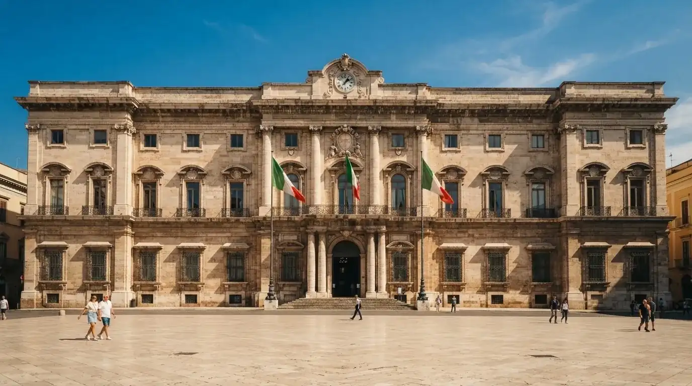 Palazzo istituzionale con bandiere al vento in una piazza soleggiata — casino com app android