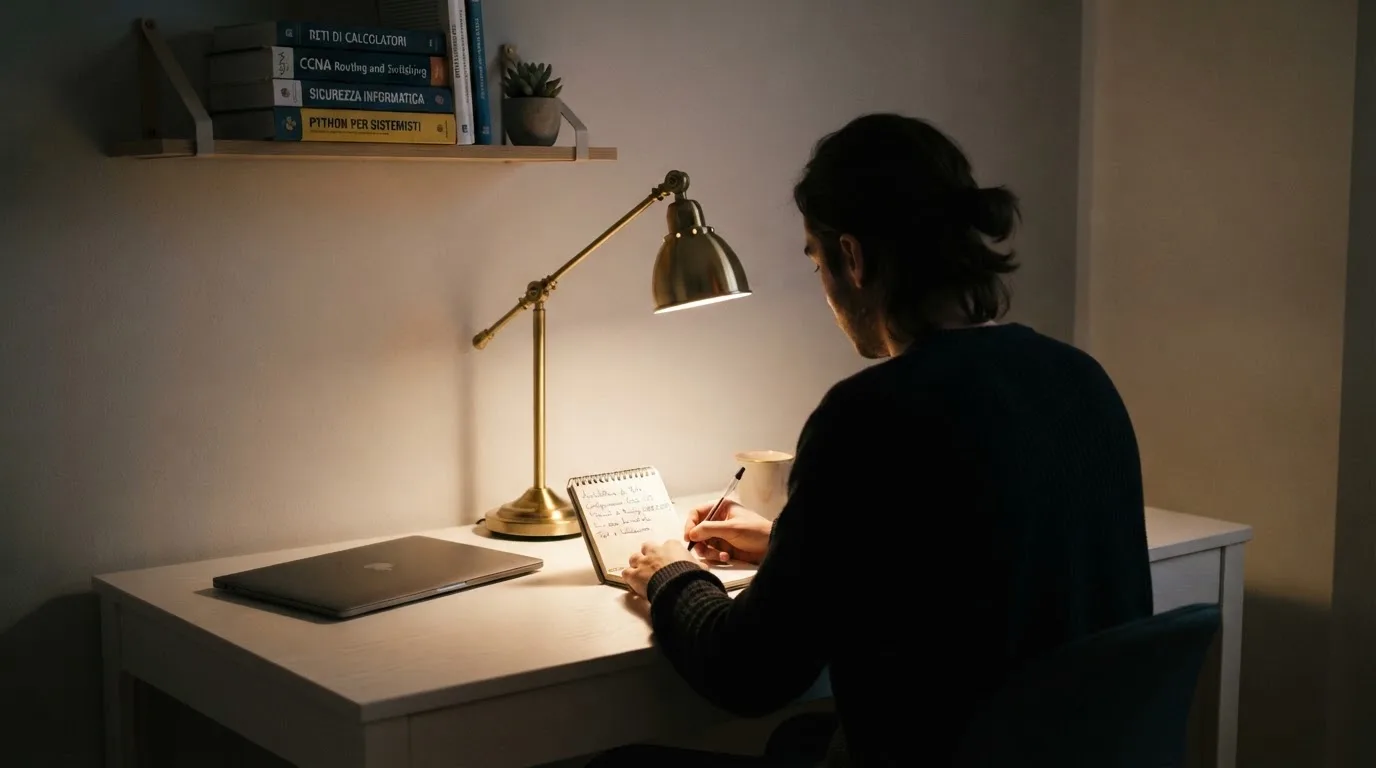 Una persona seduta a una scrivania minimalista con un laptop chiuso e una lampada accesa in un ufficio domestico ordinato.