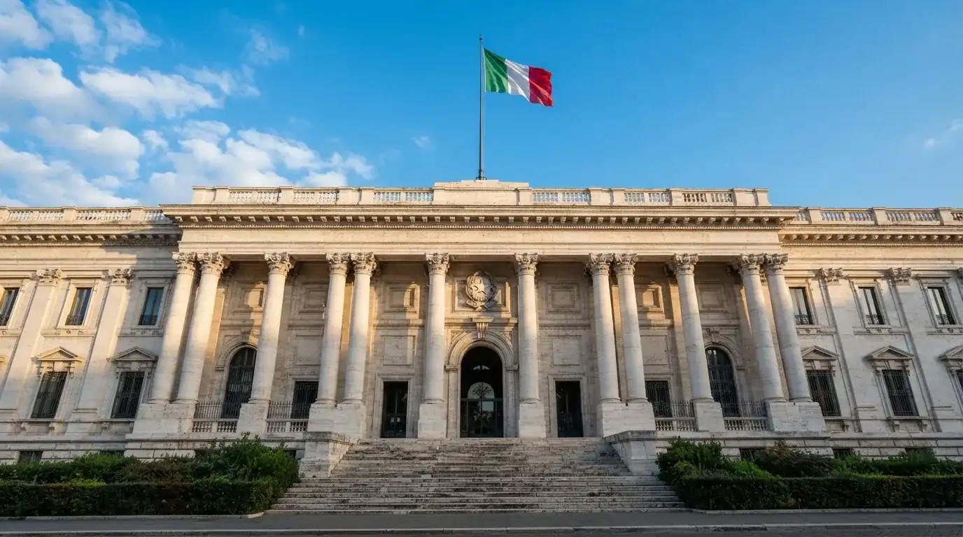 Un edificio governativo italiano con bandiera al vento fotografato dal basso in una giornata di sole.