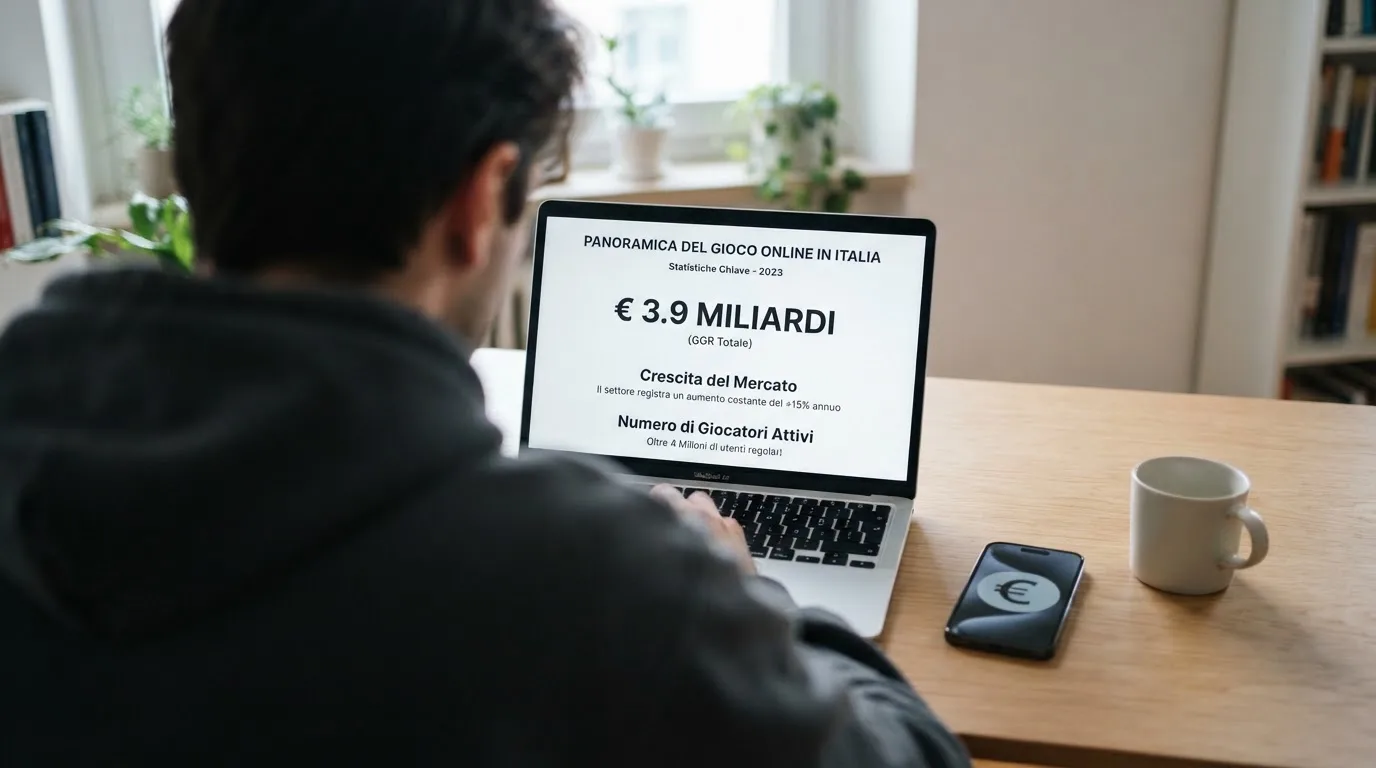 Persona davanti a un portatile che legge una pagina informativa sul gioco online in Italia — casino deposito minimo 1, 5, 10 e 20 euro