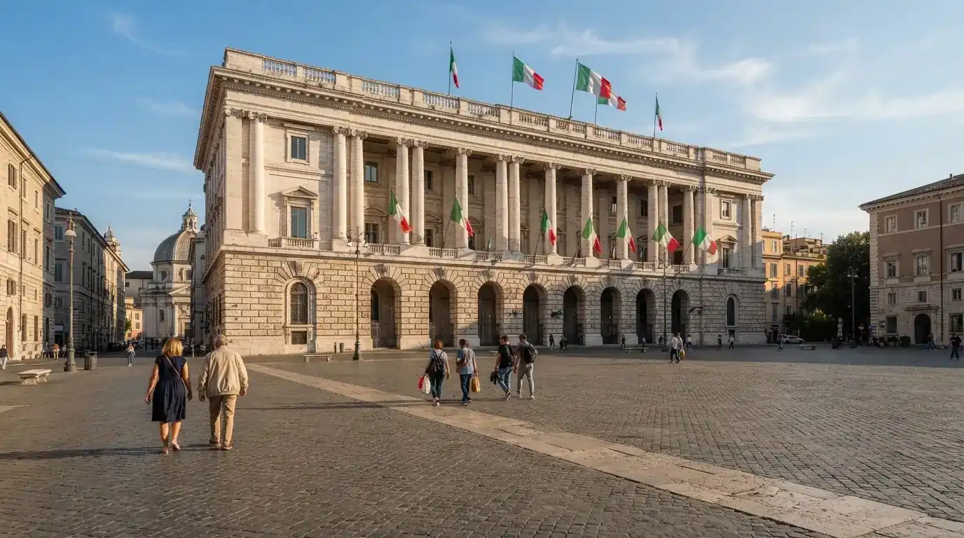 Palazzo istituzionale con bandiere al vento in una piazza soleggiata — casino deposito minimo 1, 5, 10 e 20 euro