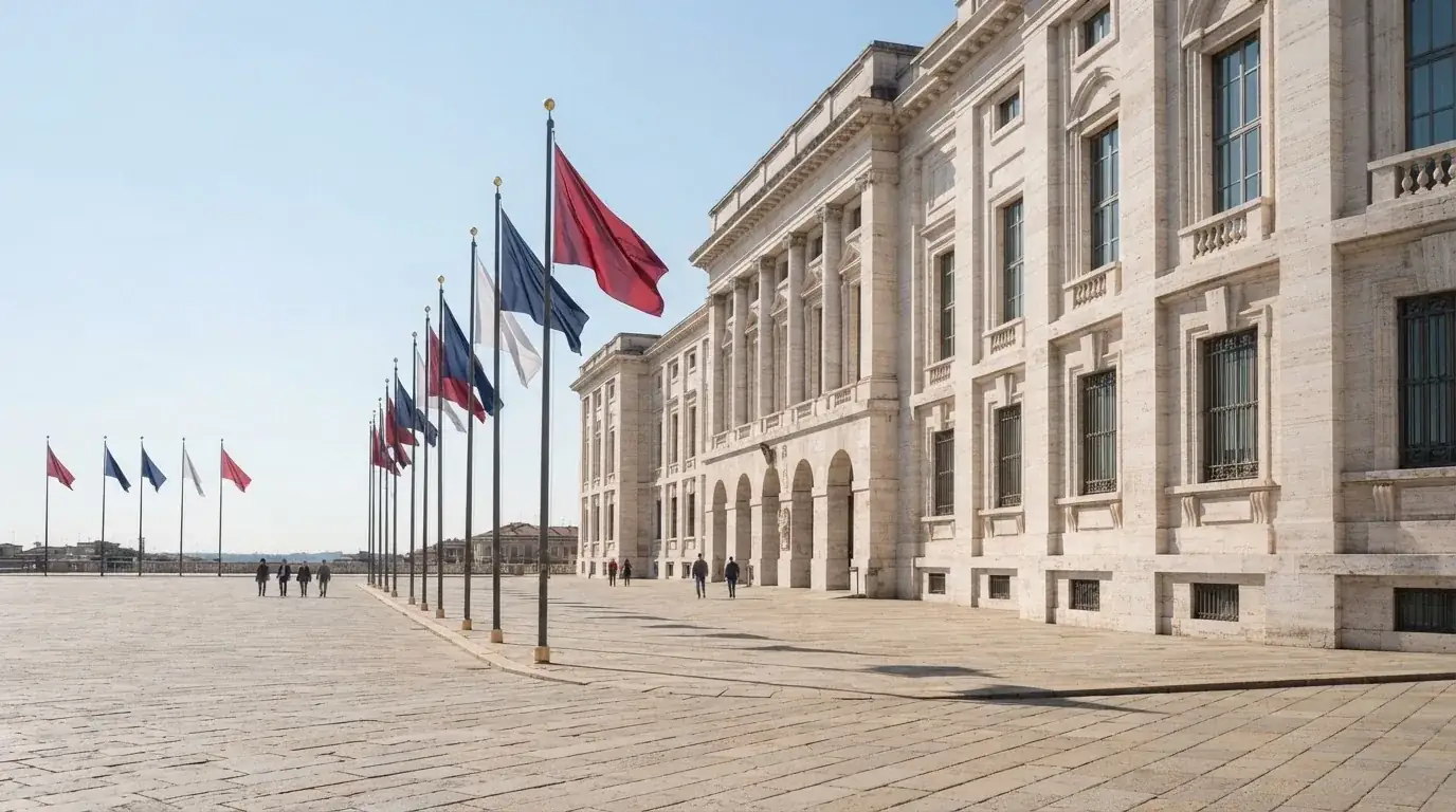 Palazzo istituzionale con bandiere al vento in una piazza soleggiata — casino deposito minimo 1 euro