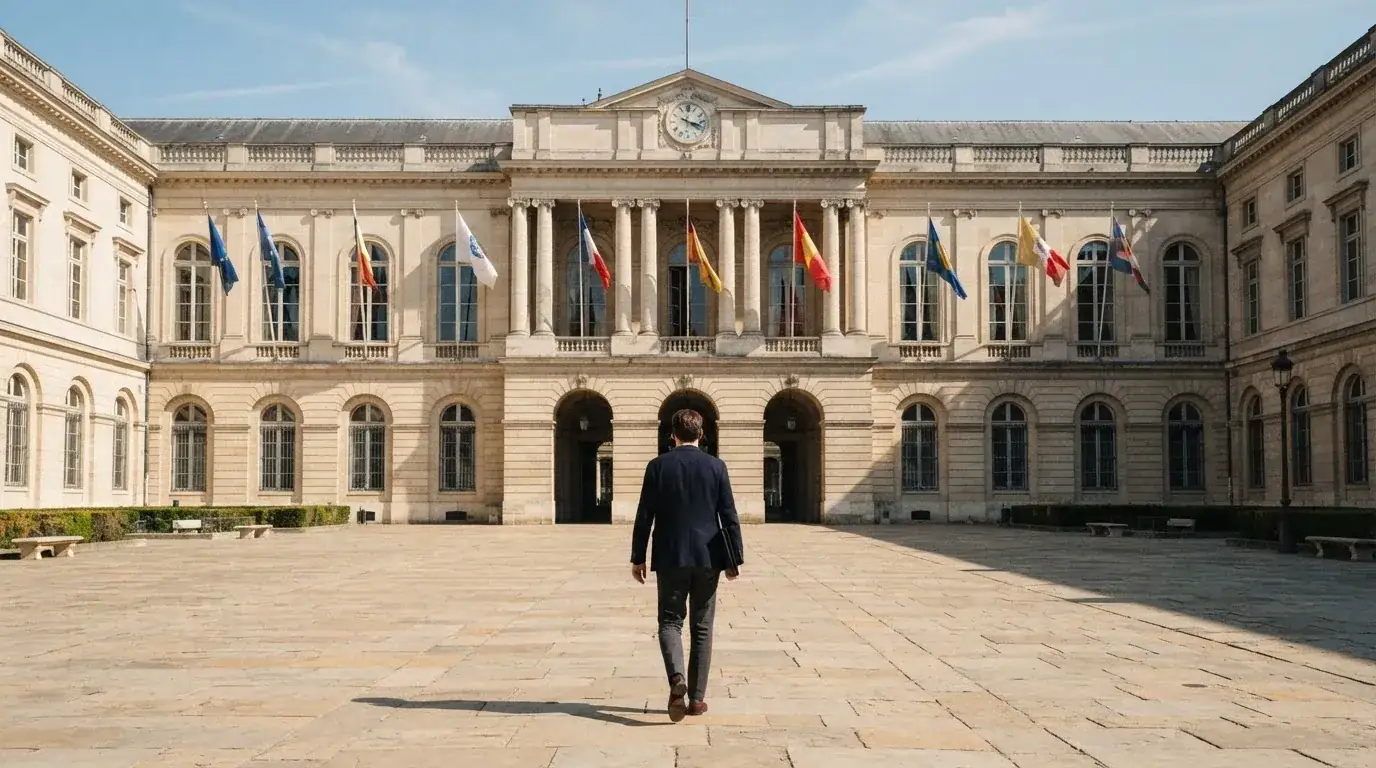 Palazzo istituzionale con bandiere al vento in una piazza soleggiata — casino deposito minimo 10 centesimi