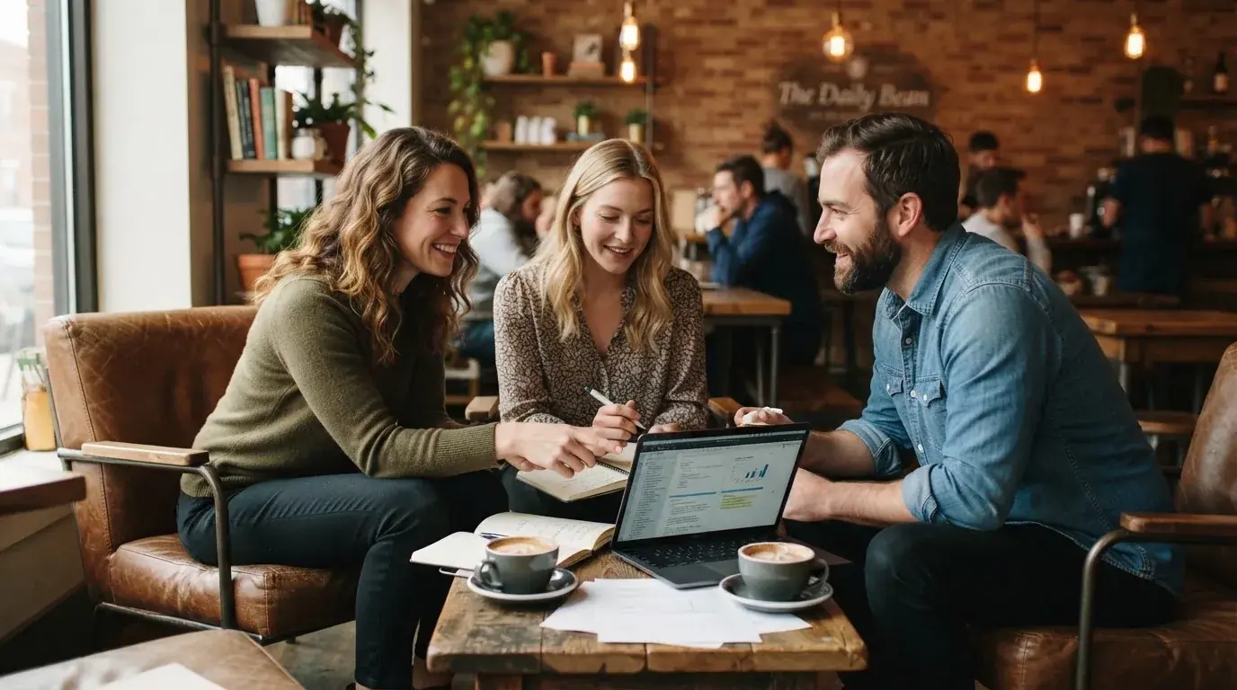 Un gruppo di tre persone confronta opinioni sorridendo attorno a un tavolo da caffè, con laptop e tazze fumanti davanti a loro.