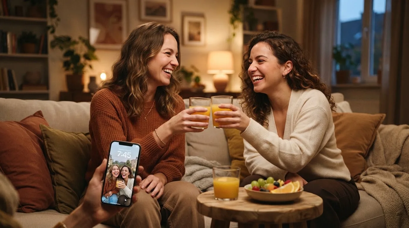 Due amici brindano con bicchieri di succo su un tavolino da salotto, sorridendo mentre uno tiene in mano uno smartphone.