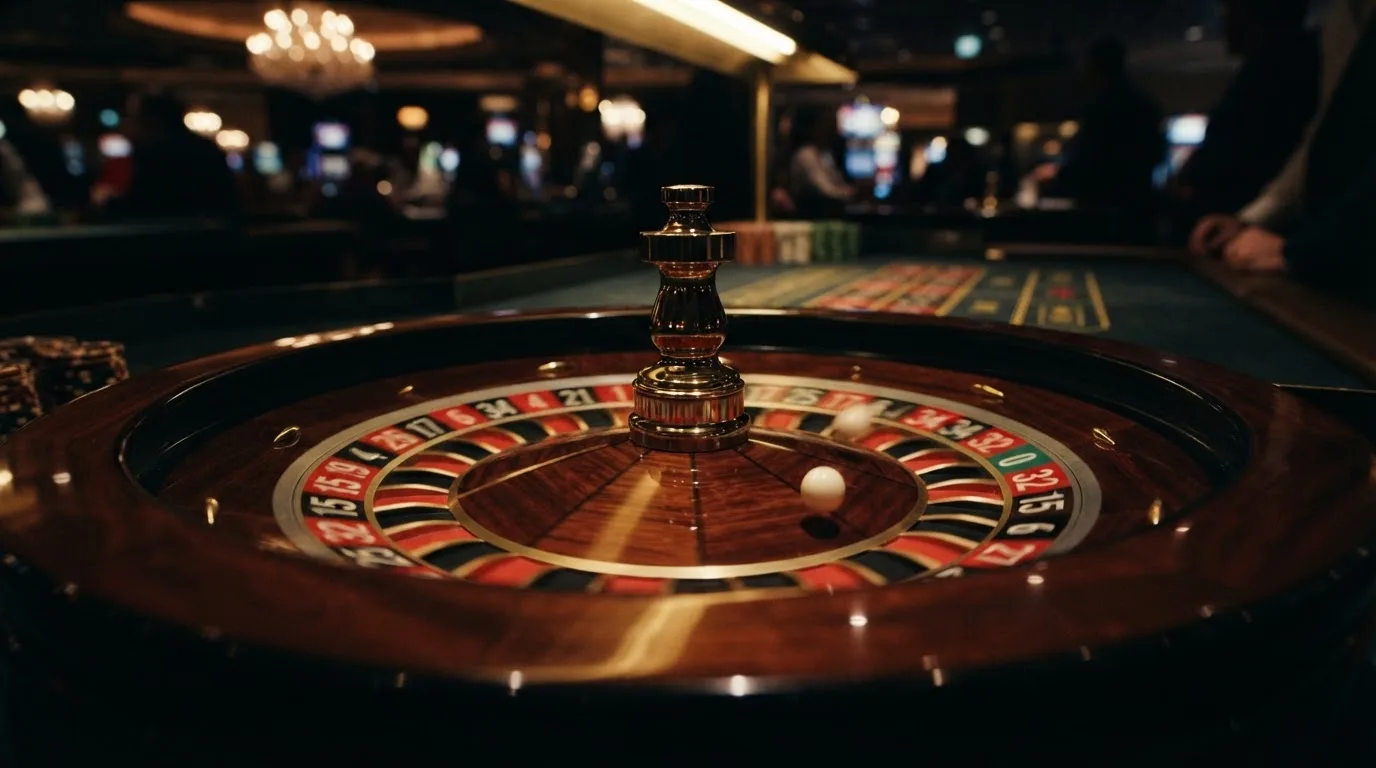 Primo piano di una roulette in movimento, con la pallina bianca che rimbalza tra le caselle numerate colorate.