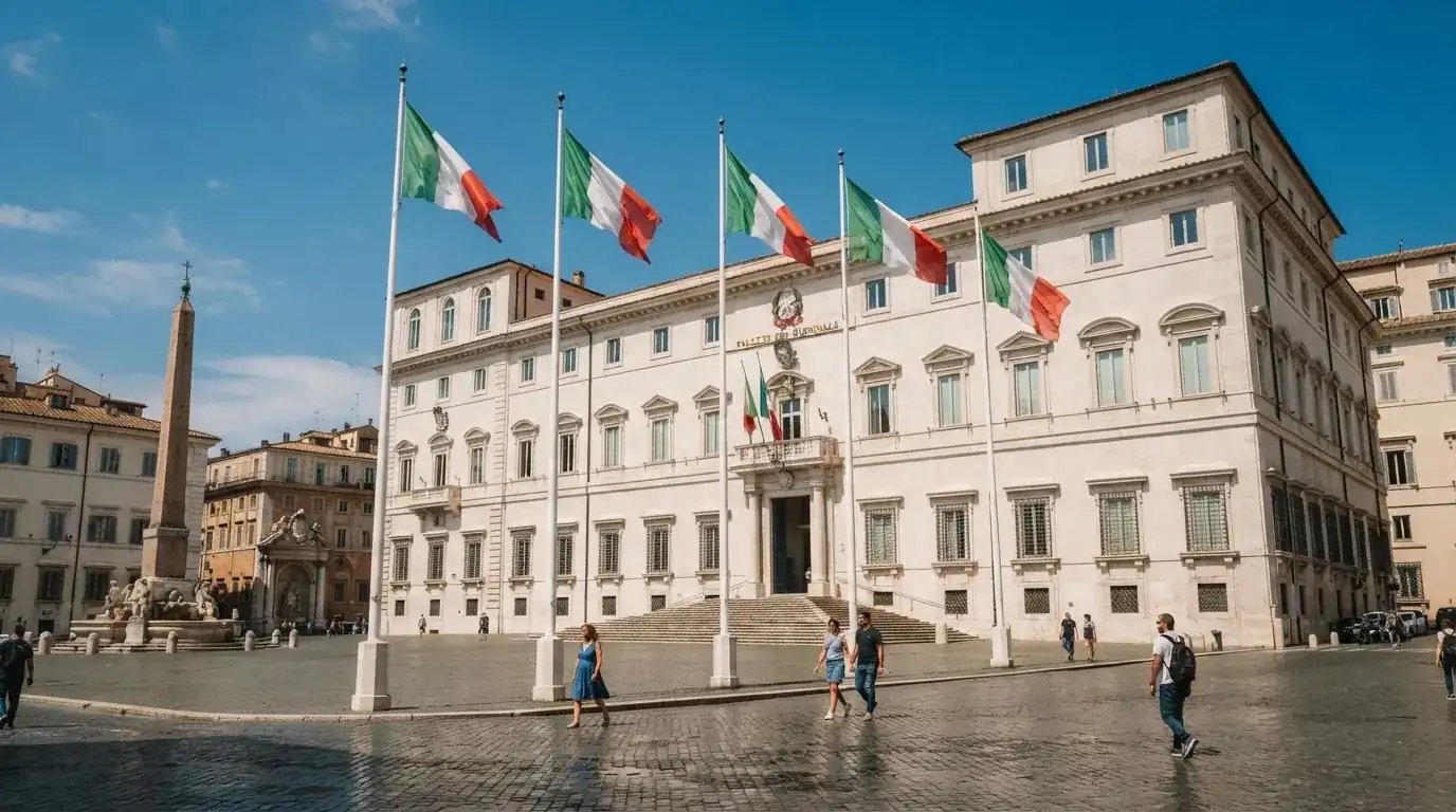 Palazzo istituzionale con bandiere al vento in una piazza soleggiata — casino metodi di pagamento italia