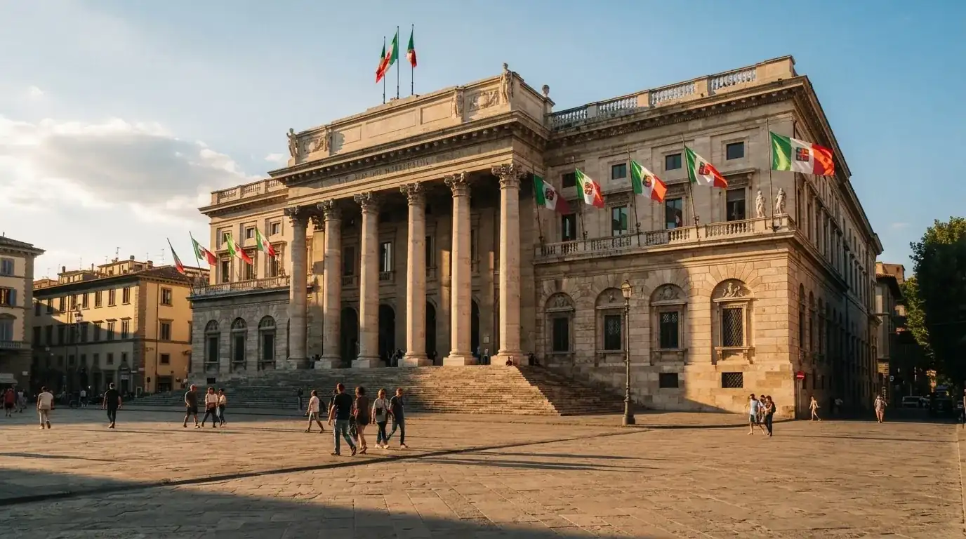 Palazzo istituzionale con bandiere al vento in una piazza soleggiata — casino non aams affidabili