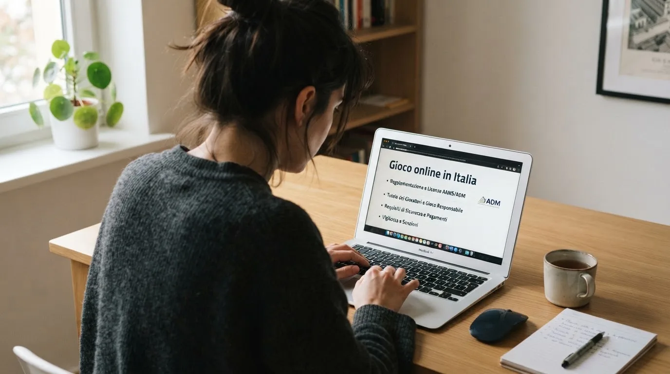 Persona davanti a un portatile che legge una pagina informativa sul gioco online in Italia — casinò non aams che accettano dogecoin