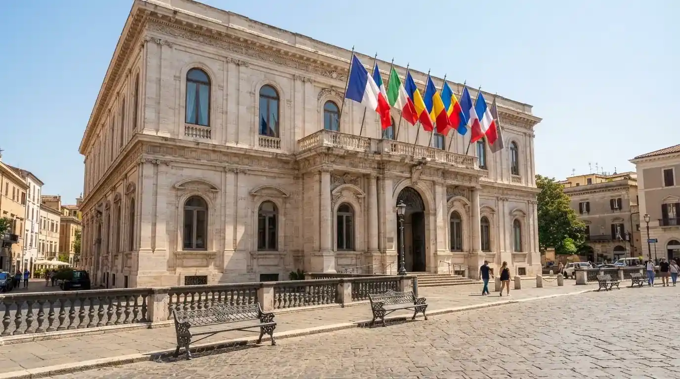 Palazzo istituzionale con bandiere al vento in una piazza soleggiata — casinò non aams che accettano dogecoin