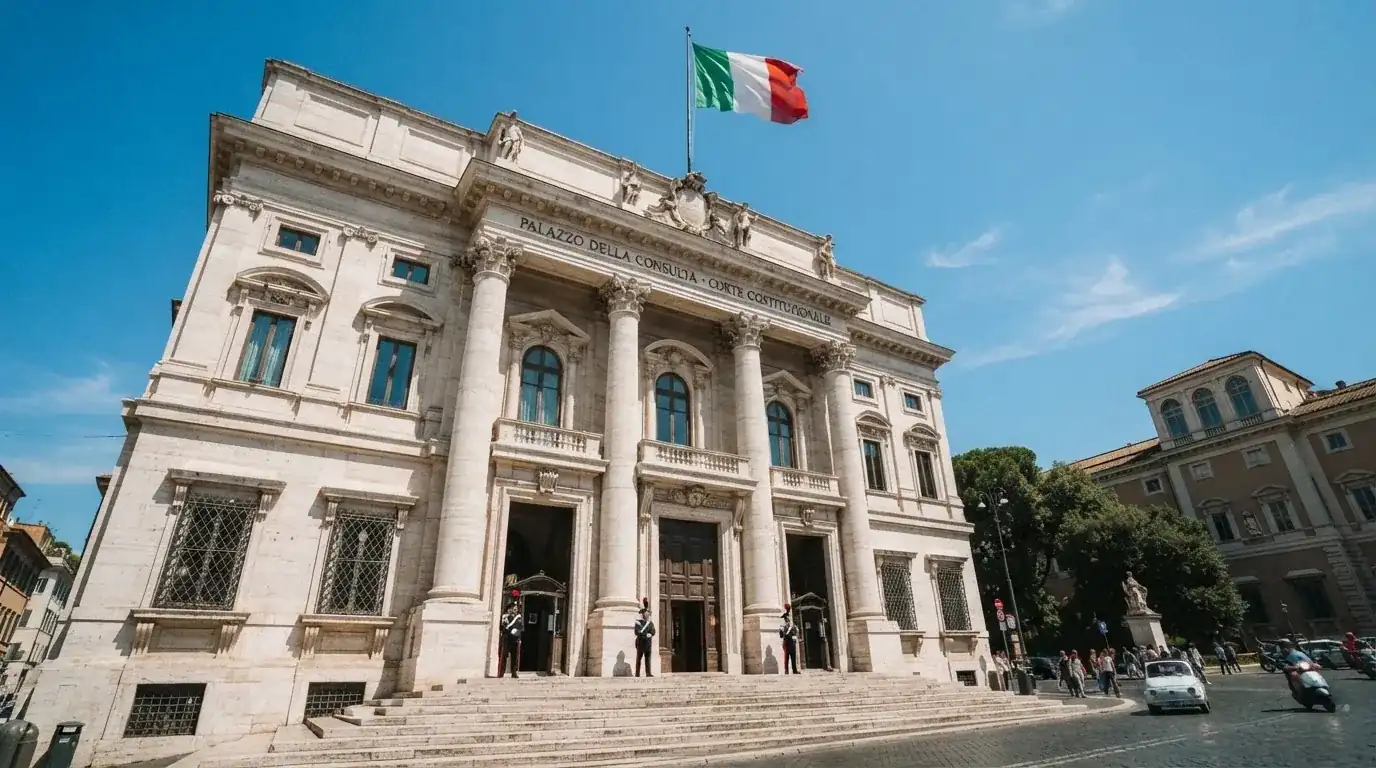Un edificio governativo italiano con bandiera al vento fotografato dal basso in una giornata di sole.