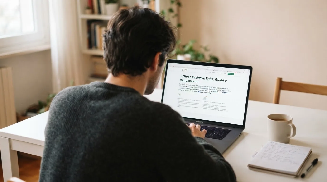 Persona davanti a un portatile che legge una pagina informativa sul gioco online in Italia — casino non aams che accettano postepay