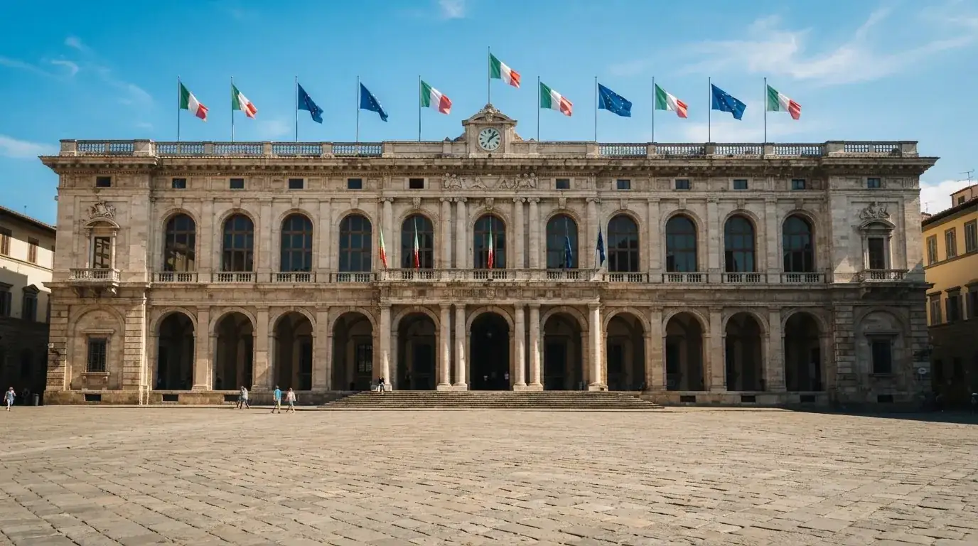 Palazzo istituzionale con bandiere al vento in una piazza soleggiata — casino non aams che accettano postepay