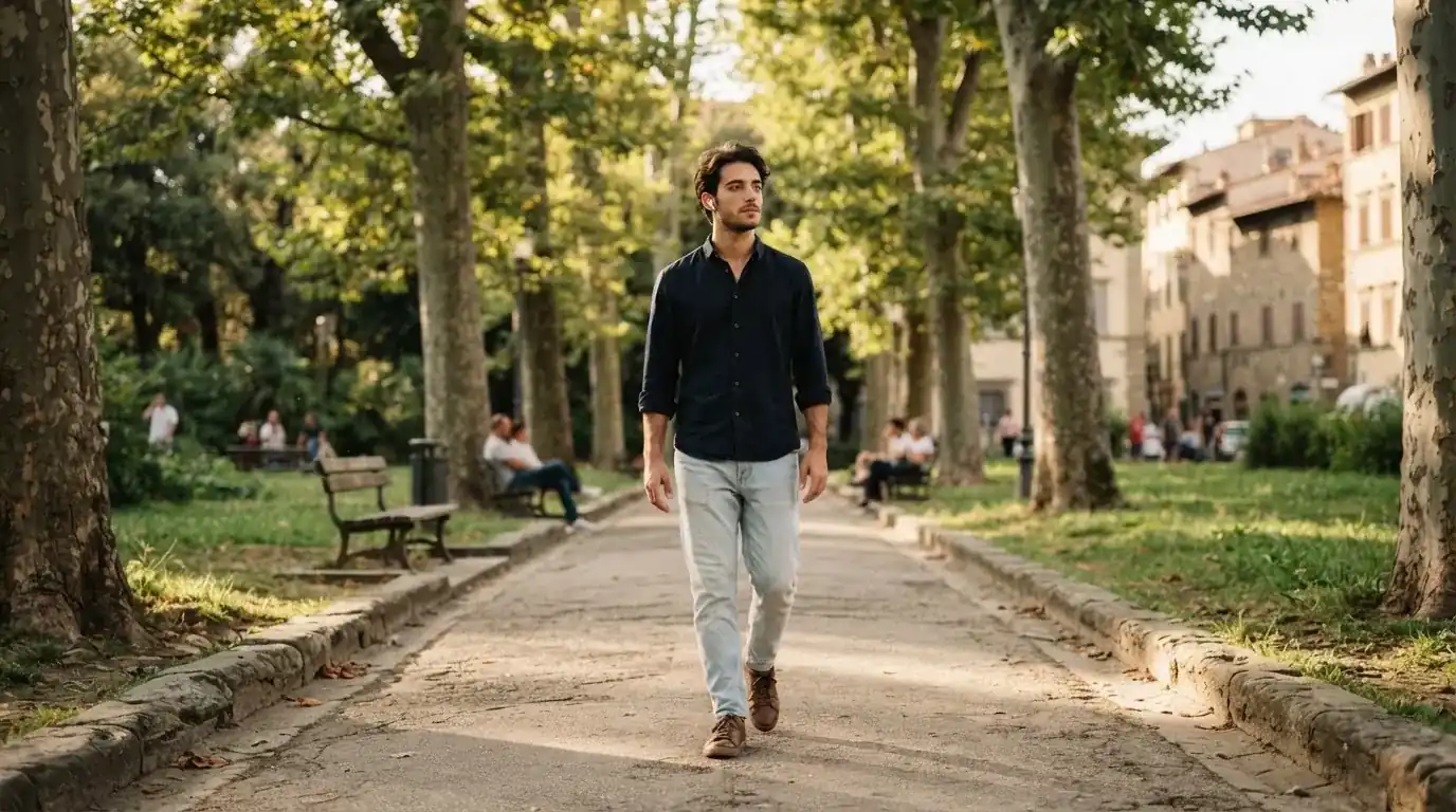 Un uomo cammina all'aperto in un parco cittadino indossando cuffie, lontano da qualsiasi dispositivo elettronico acceso.