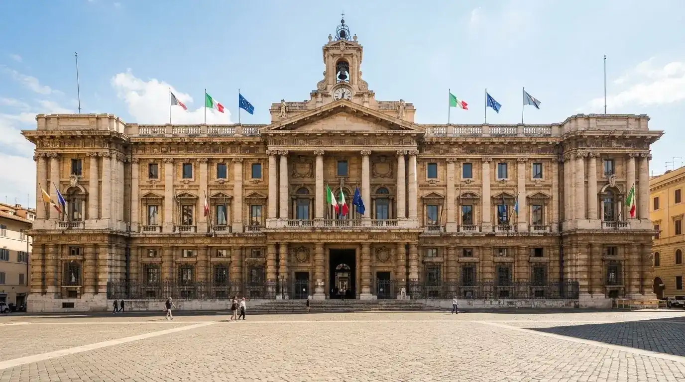 Palazzo istituzionale con bandiere al vento in una piazza soleggiata — casino online con algoritmo unbiased