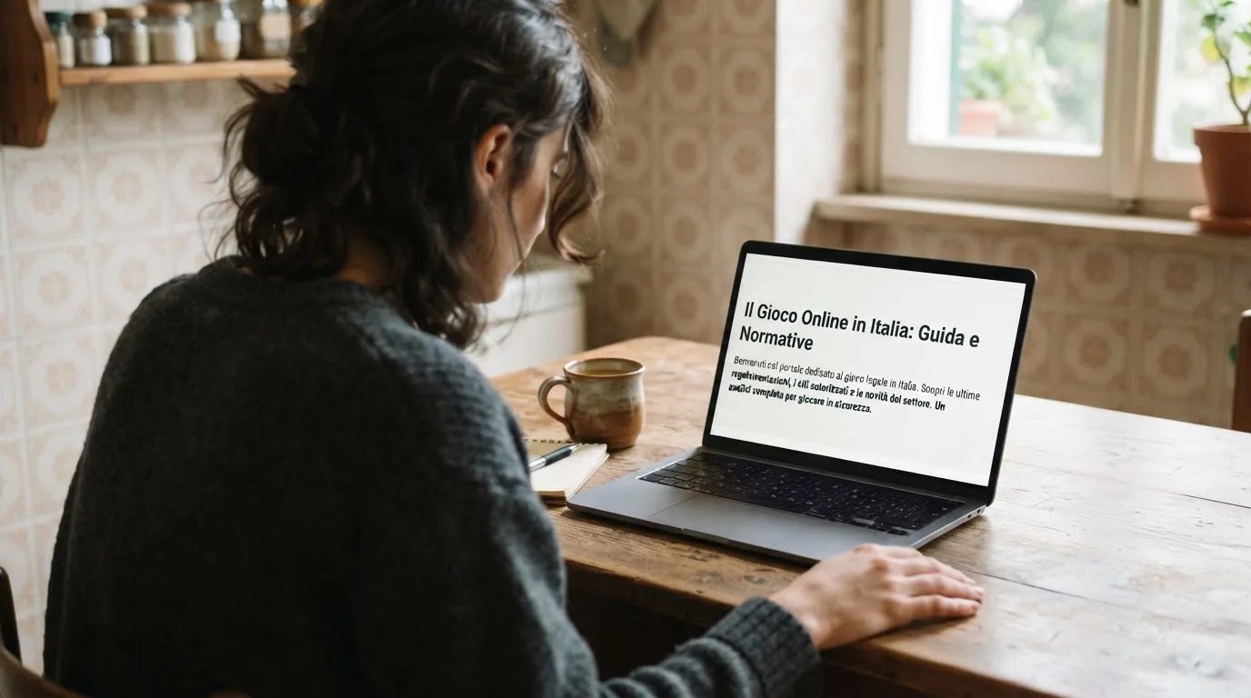 Persona davanti a un portatile che legge una pagina informativa sul gioco online in Italia — casino online con bonus crab