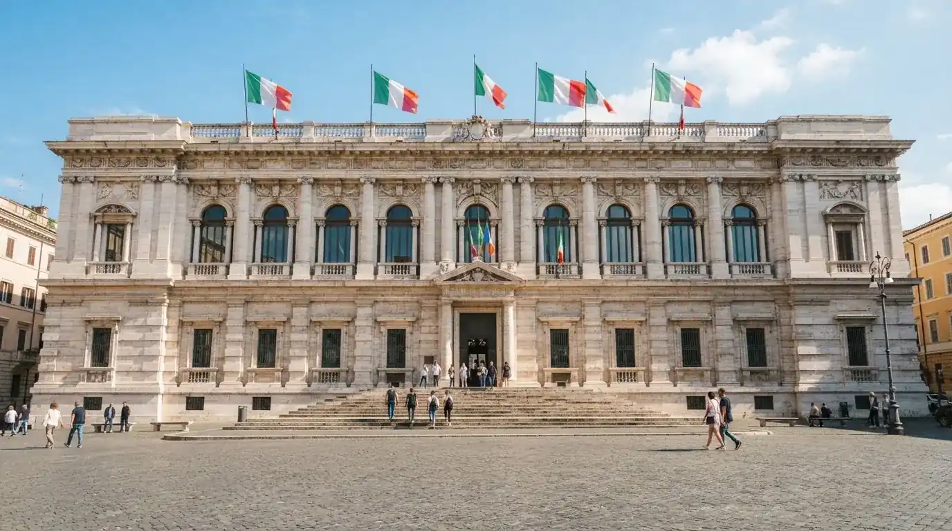 Palazzo istituzionale con bandiere al vento in una piazza soleggiata — casino online con bonus crab