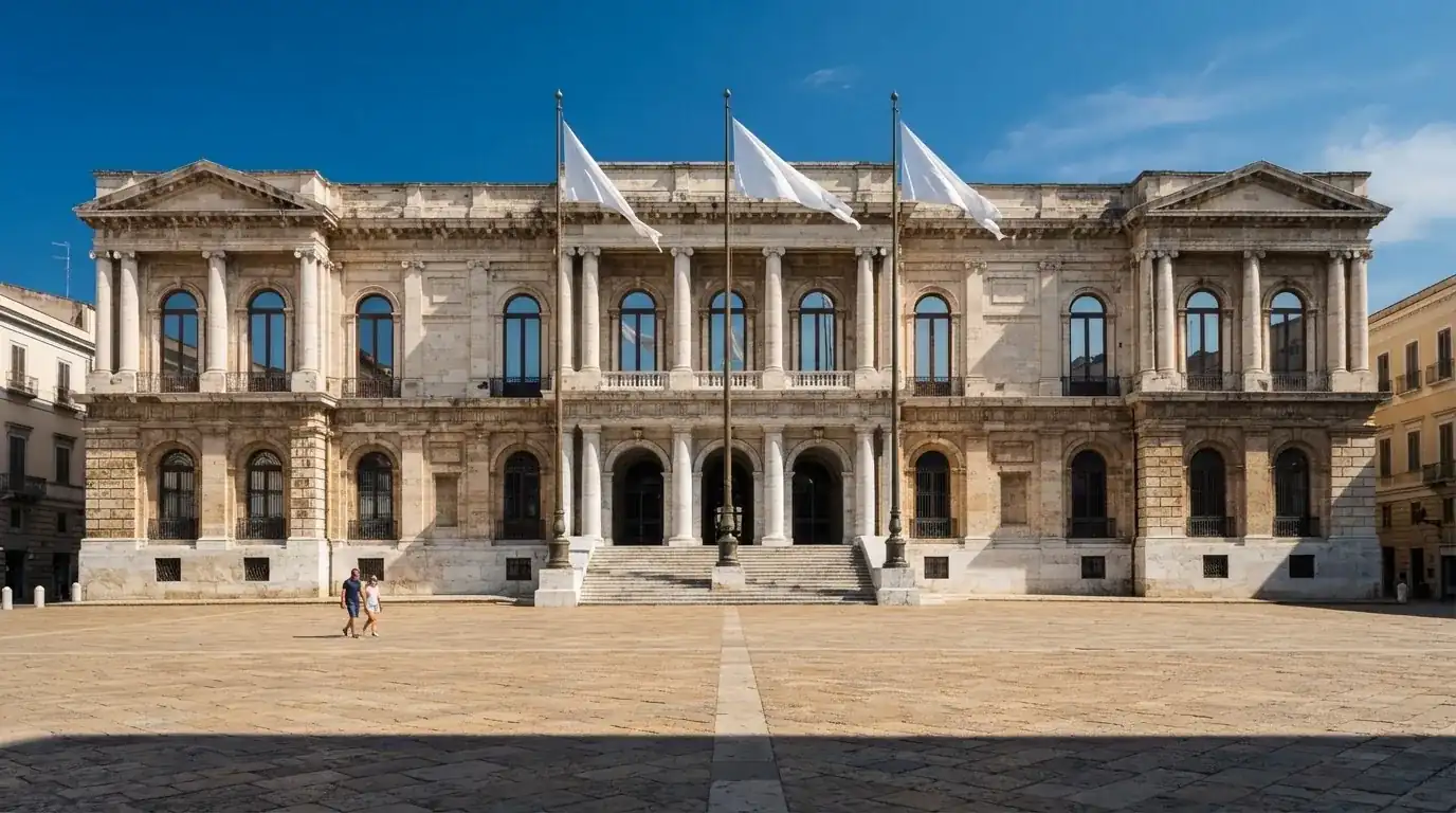 Palazzo istituzionale con bandiere al vento in una piazza soleggiata — casino online con cie