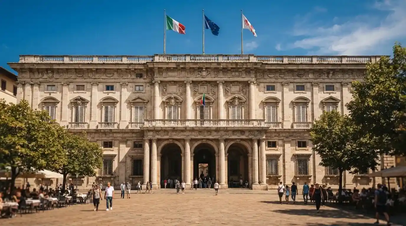 Palazzo istituzionale con bandiere al vento in una piazza soleggiata — casino online con croupier dal vivo