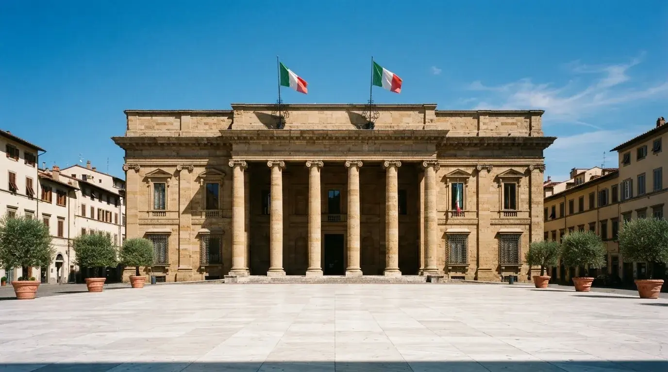 Palazzo istituzionale con bandiere al vento in una piazza soleggiata — casino online con soldi finti