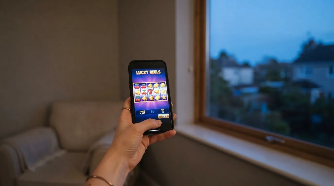 Mano che tiene uno smartphone accanto a una finestra, luce serale tranquilla — casino online sanremo