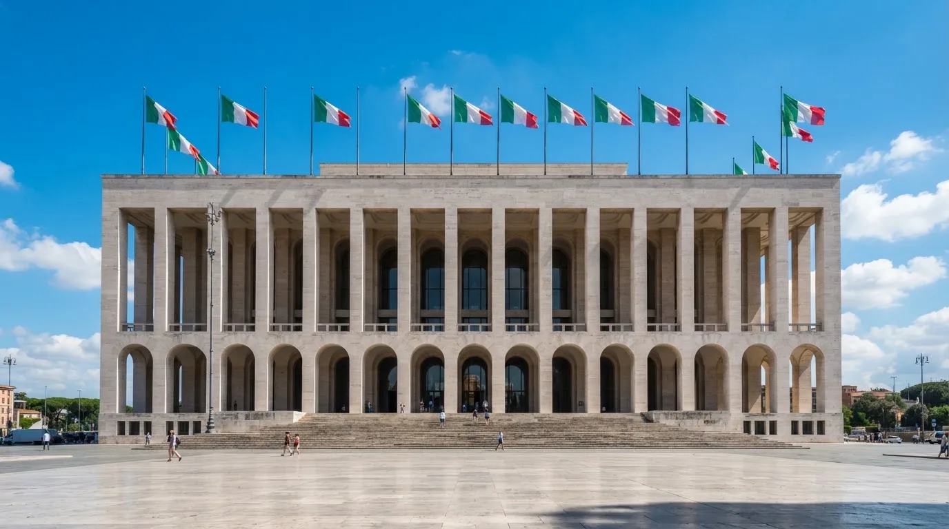 Palazzo istituzionale con bandiere al vento in una piazza soleggiata — casino online senza registrazione