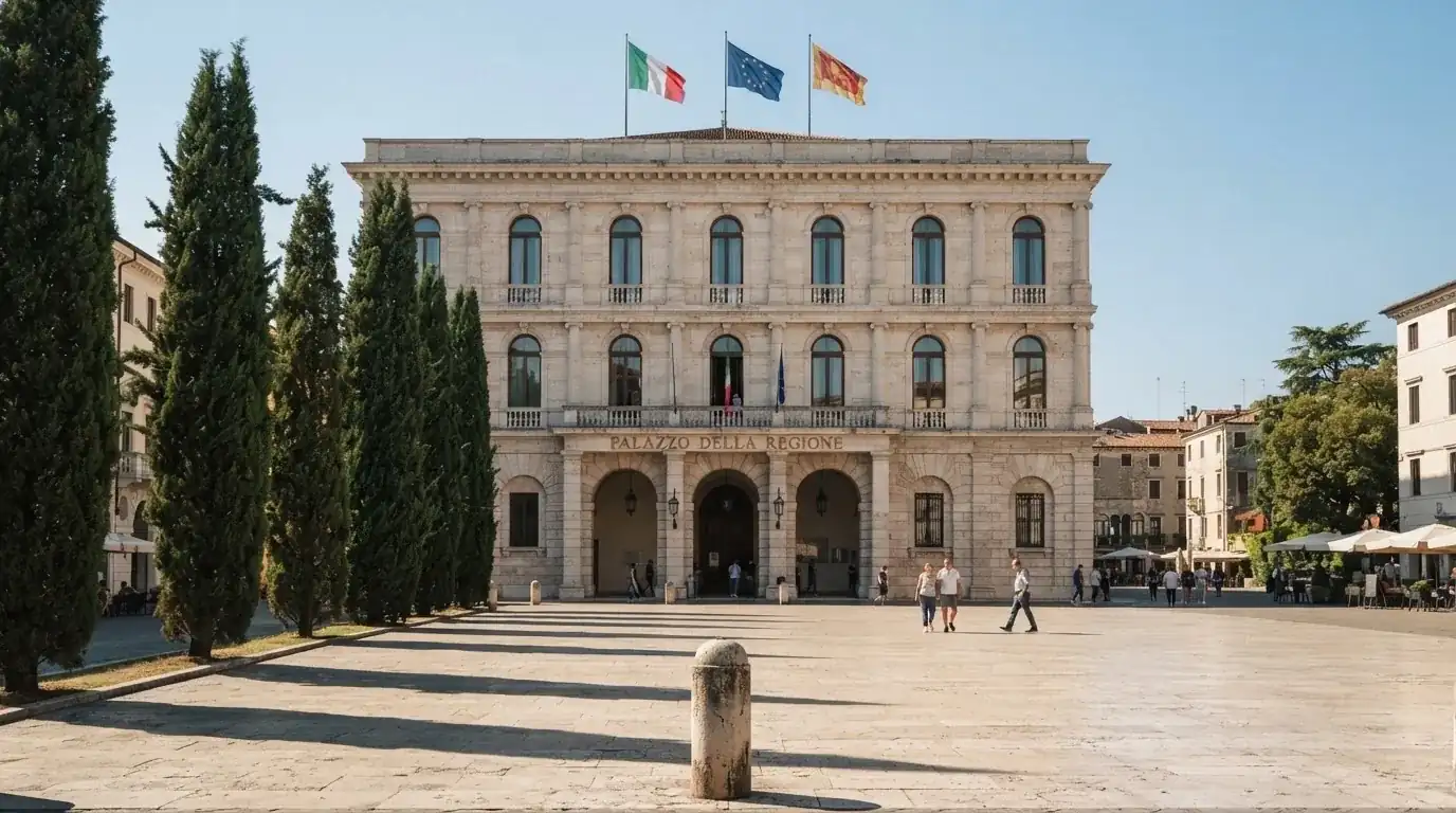 Palazzo istituzionale con bandiere al vento in una piazza soleggiata — casino senza codice fiscale